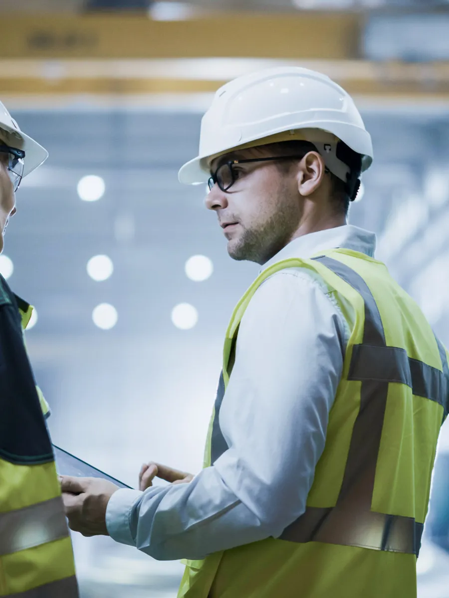 Man and woman in helmet talking at a construction place