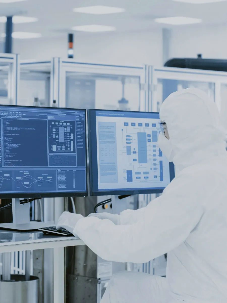 Människa i labbmiljö framför datorskärmar