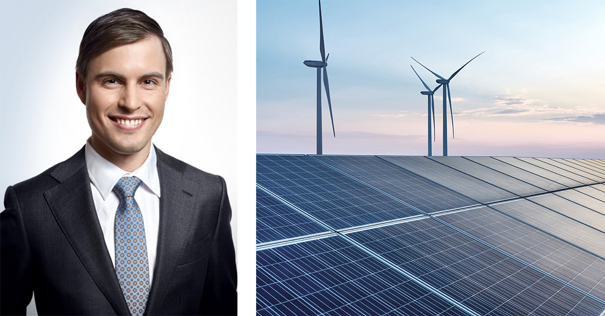 Wind power, solar energy and a portrait of a smiling man