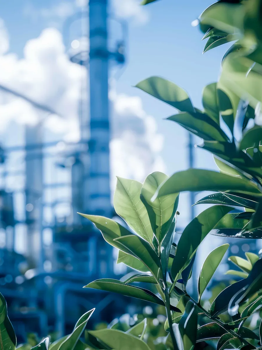 Leafs in front of industrial factory