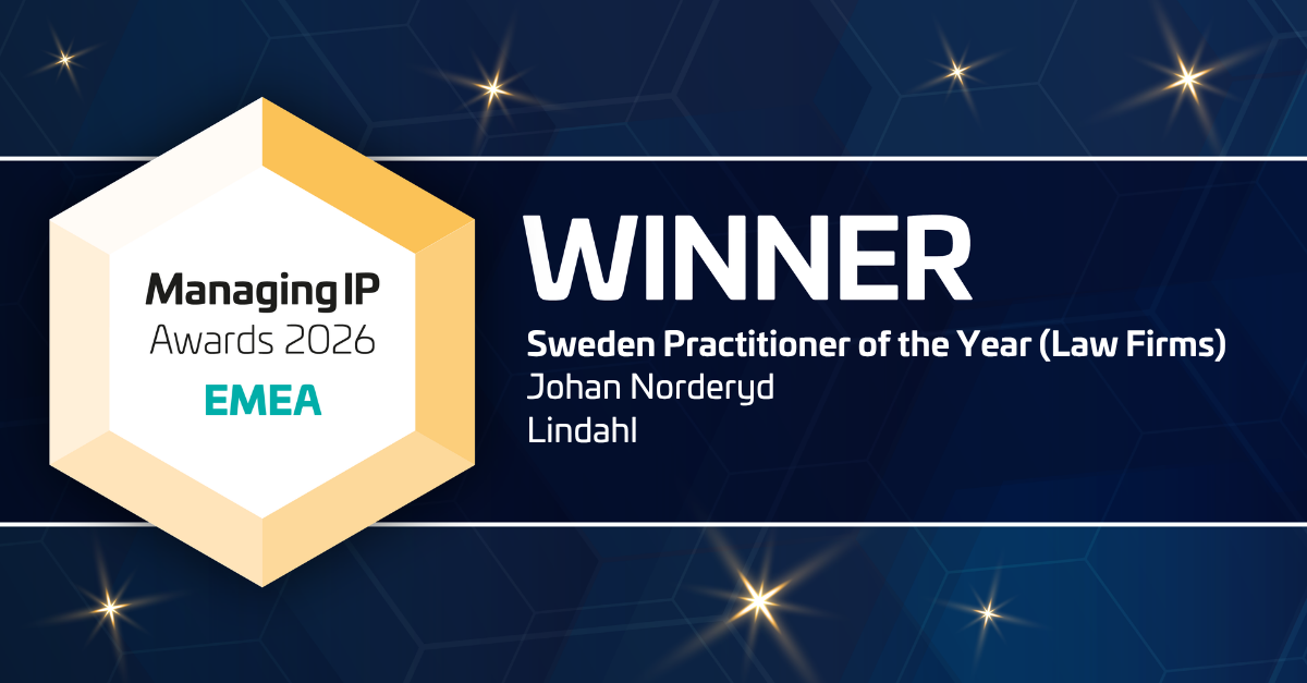 Graphic image reading Winner Sweden Practitioner of the Year (Law Firms) Johan Norderyd Lindahl
